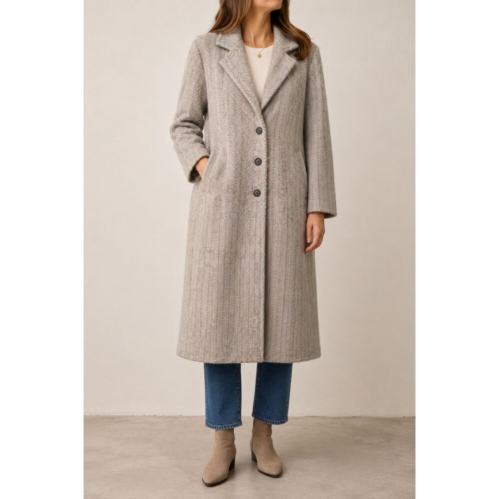 Vintage Stephanie Mathews 100% Wool Herringbone Coat Gray Long Jacket USA 16